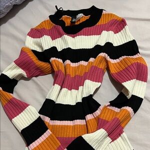 Divided Ribbed Crewneck Sweater in Black, White, Pink & Orange